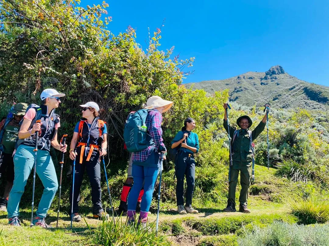 Hikers on the open Mount Meru trail